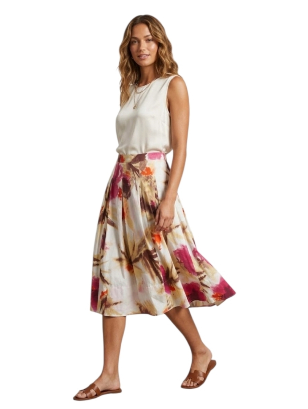 Talbots Floral Brushstroke Pleated Midi Skirt in‎ Cream and Pink Size 12
